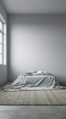 Minimalist bedroom in a luxury apartment bathed with natural lighting coming from a window, with no furniture and copy space. Residential Real Estate concept image.