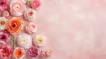 Spring floral background with roses and ranunculus flowers on pink, empty space in the middle for text or product display. Greeting card template design. Easter theme. Nature concept.