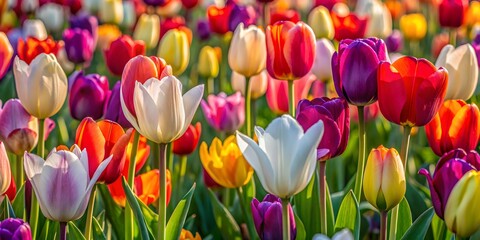 Field Of Colorful Tulips In Bloom, Illuminated By The Sun