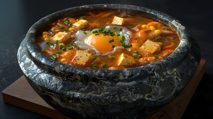 Delicious Korean Kimchi Stew with Tofu and Egg in a Traditional Stone Bowl