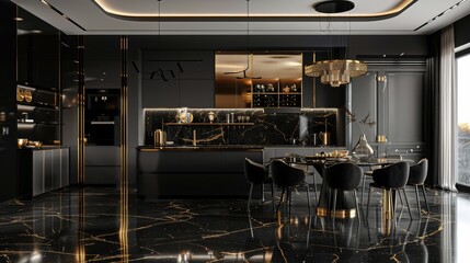 Luxurious black and gold accents, creating an atmosphere of elegance, opulence, and sophistication, rich textures and details, raw style