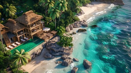 Obraz premium Exclusive beach resort with contemporary bungalows, infinity pools overlooking the sea, raw and luxurious presentation