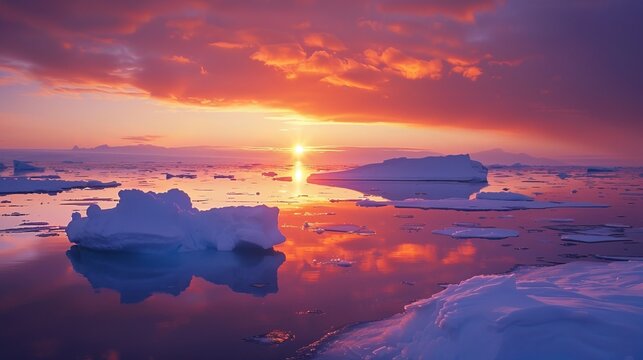 Antarctica's icy expanse with a unique blend of sunset and sunrise, captivating reflections at midnight sun, raw texture