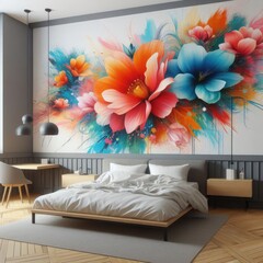 A vibrant and colorful mural of oversized flowers in bright hues of orange, blue, and pink, set against a backdrop of dynamic splashes of paint, adorns the wall behind a modern