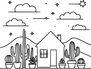 Continuous line art drawing house with cactus on white background generated by Ai