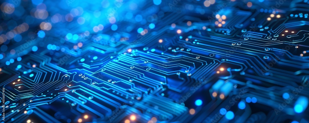 Poster a luminous blue circuit board forms the core of this abstract digital background, representing the e