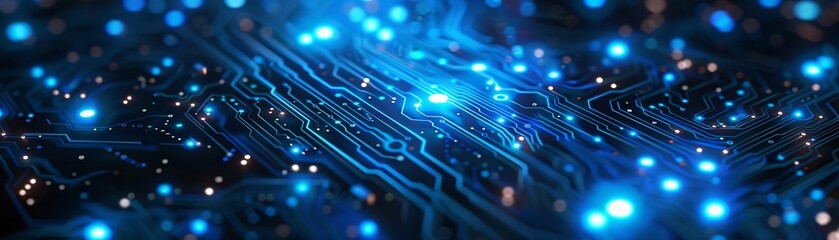 Obraz premium A sleek, glowing blue circuit board dominates this abstract digital background, evoking themes of cutting-edge technology and futuristic advancements. The design includes generous copy space, making
