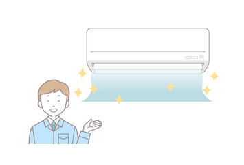 綺麗な風が出てくるエアコンと笑顔の作業員男性のイラスト