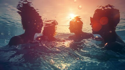 Fototapeta premium Happy friends in water, silhouette with double exposure, vibrant summer vacation theme, group fun, raw and energetic