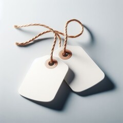 Fototapeta premium two blank white tags connected by a twisted, brown string, with the tags casting a soft shadow on a light grey surface