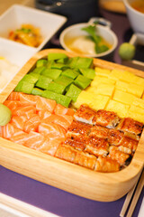 colorful unadon seafood rice bowl texture chopped avocado cubes diced salmon poke grilled eel unagi don bento poke lunch set