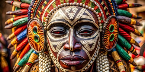Obraz premium A Close-Up Of A Traditional African Mask With Intricate Patterns And Vibrant Colors.