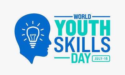 15 July is World Youth Skills Day background template with light bulb icon. Holiday concept. Use a background, banner, placard, card, and poster design template with text inscription