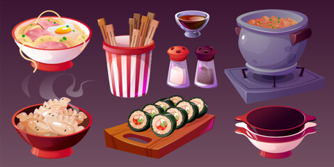 Korean food for cafe and restaurant menu. Cartoon vector illustration set of traditional Asian meals - soup and gimbap, mandoo and noodle with meat and egg, spices and chopsticks. Korea cuisine.