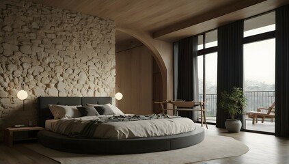 Ultra realistic photo of a modern take on an upscale Japanese minimalist apartment with white cream stone, light wood round arches interior view of a dark bedroom
