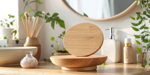 Wooden Display Stand with Round Wooden Top in a Bathroom Setting