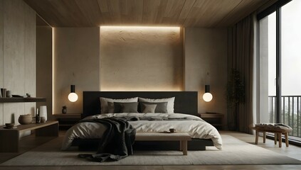 Ultra realistic photo of a modern take on an upscale Japanese minimalist apartment with white cream stone, light wood round arches interior view of a dark bedroom