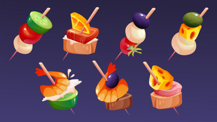 Finger food on toothpick skewer. Cartoon vector set of canape appetizer for buffet menu. Little starter sandwich with cheese and olives, seafood and vegetables. Collection of tapas for aperitif.