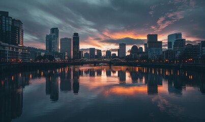 Fototapeta premium A stunning aerial view of a city skyline mirrored in the tranquil waters of a river, capturing modern architecture and urban beauty