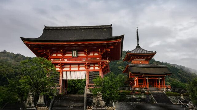 Time lapse footage of Japanese tradition temple scene after rain, Kiyomizu dera temple in kyoto, travel and tourism