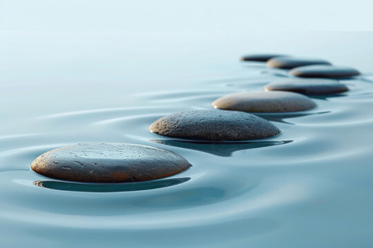 Smooth stepping stones creating a path on tranquil water. The serene scene emphasizes balance, calmness, and harmony in nature.