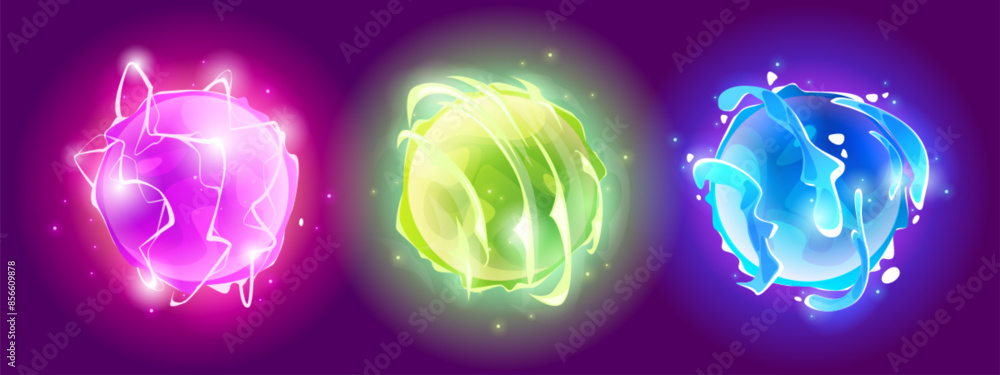 Poster magic neon glow ball with wave, lightning and energy light effect. abstract fantasy sphere. cartoon 