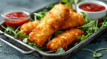 Fototapeta premium Delicious Crispy Fish Sticks with Dipping Sauce and Fresh Greens