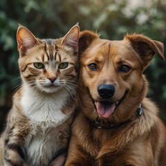 Cat and dog sitting and smiling together on sunny day. Freindship between cat and Dog