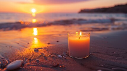Scented candle on a beach at sunset, warm summer tones, perfect for a creative banner with copy space, raw style, serene ambiance