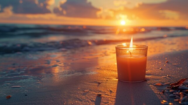 Scented candle on a beach at sunset, warm summer tones, perfect for a creative banner with copy space, raw style, serene ambiance