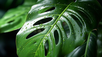A close-up photorealistic image of a Monstera deliciosa leaf with water droplets clinging to its surface, highlighting its natural beauty. 