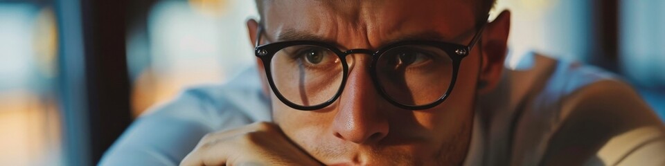 Thoughtful Young Man Wearing Glasses Thinking Indoors, Contemplating Ideas and Solutions. Serious, Focused, Labor Day, Overtime, Work Enthusiast. AI-Generated High-Resolution Wallpaper