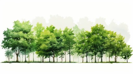 Obraz premium A collection of vibrant green trees of varying sizes and shapes, arranged in a harmonious composition on a pure white backdrop, reminiscent of a botanical illustration. 