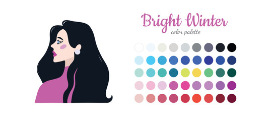 Seasonal color analysis. Color guide for stylist, palette for  type. Portrait of a girl in a seasonal color palette. Vector illustration, easy to change color