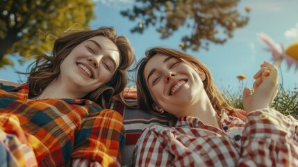 Fototapeta premium Two young women lie on a blanket in a field of flowers, laughing