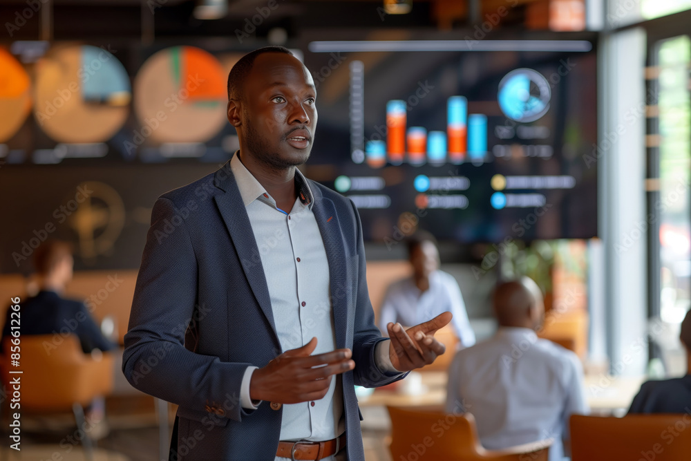 Poster a businessman in a suit stands in front of a large screen displaying financial data and gestures wit