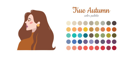 Seasonal color analysis. Color guide for stylist, palette for  type. Portrait of a girl in a seasonal color palette. Vector illustration, easy to change color