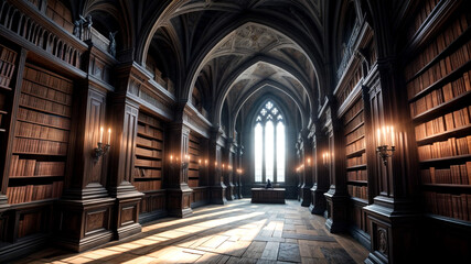 an old, wooden library with bookshelves on either side and a window at the end. The room has a cathedral-like ceiling and is filled with sunlight. There are several flickering candles providing additi