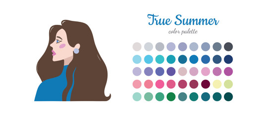 Seasonal color analysis. Color guide for stylist, palette for  type. Portrait of a girl in a seasonal color palette. Vector illustration, easy to change color