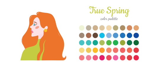 Seasonal color analysis. Color guide for stylist, palette for  type. Portrait of a girl in a seasonal color palette. Vector illustration, easy to change color
