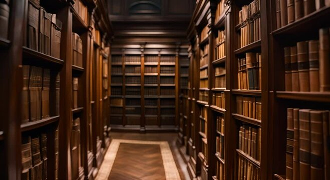 The hallway of the old library is full of wooden shelves filled with antique books
