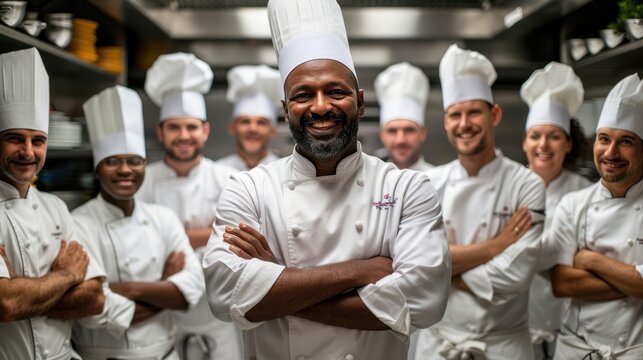 An international team of smiling chefs with crossed arms representing cooking, culinary, and profession concepts
