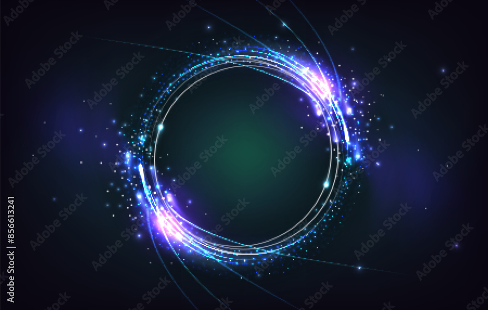 Poster magic light glow circle portal for game ui design. realistic 3d vector blue neon line round frame wi