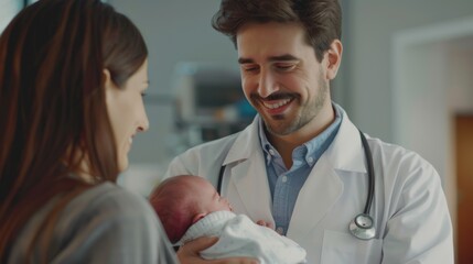 A millennial doctor in a medical coat holding a newborn baby and smiling at the parents.