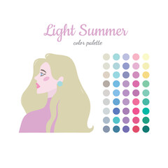 Seasonal color analysis. Color guide for stylist, palette for  type. Portrait of a girl in a seasonal color palette. Vector illustration, easy to change color