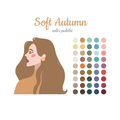 Seasonal color analysis. Color guide for stylist, palette for  type. Portrait of a girl in a seasonal color palette. Vector illustration, easy to change color