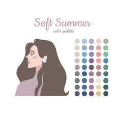 Seasonal color analysis. Color guide for stylist, palette for  type. Portrait of a girl in a seasonal color palette. Vector illustration, easy to change color