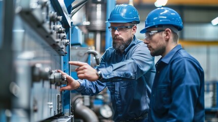 Mechanical engineers training new factory operators on a sophisticated machine
