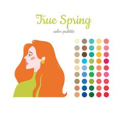Seasonal color analysis. Color guide for stylist, palette for  type. Portrait of a girl in a seasonal color palette. Vector illustration, easy to change color