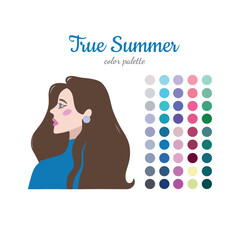 Seasonal color analysis. Color guide for stylist, palette for  type. Portrait of a girl in a seasonal color palette. Vector illustration, easy to change color